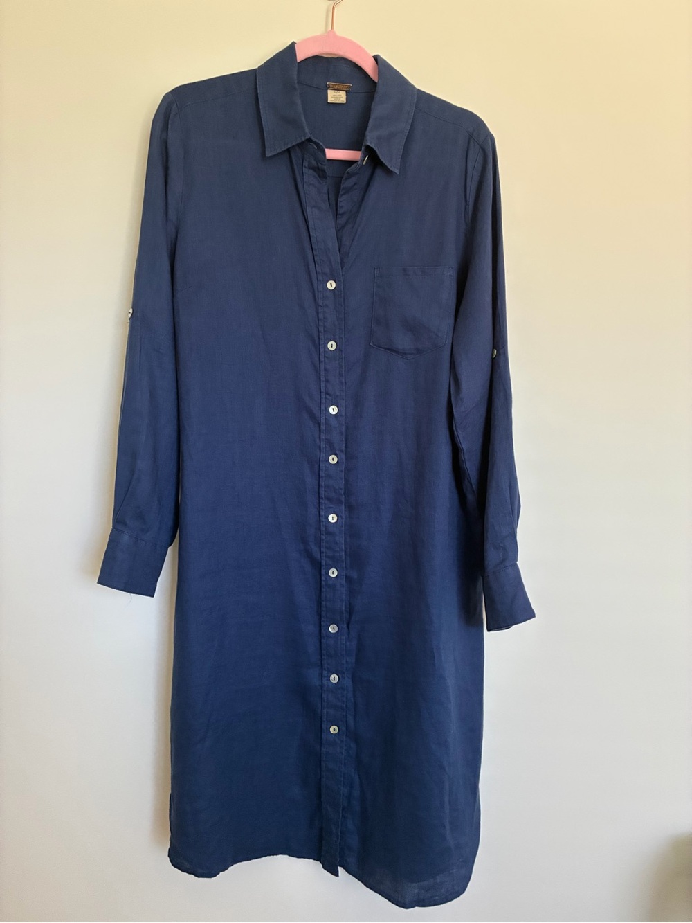 Magaschoni Long Sleeve Navy Button-Front Shirt Dress midi size large